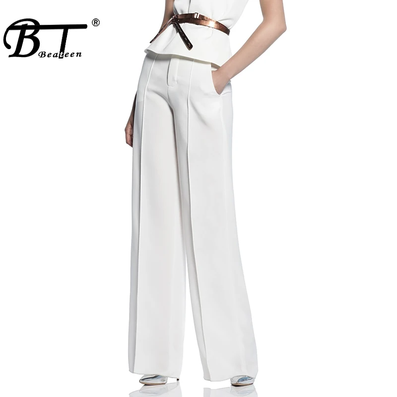 

Beateen 2019 Summer New Collection Simple Caual Office Lady Fashion Women Zipper Fly Loose Full Length Wide Leg Pants White