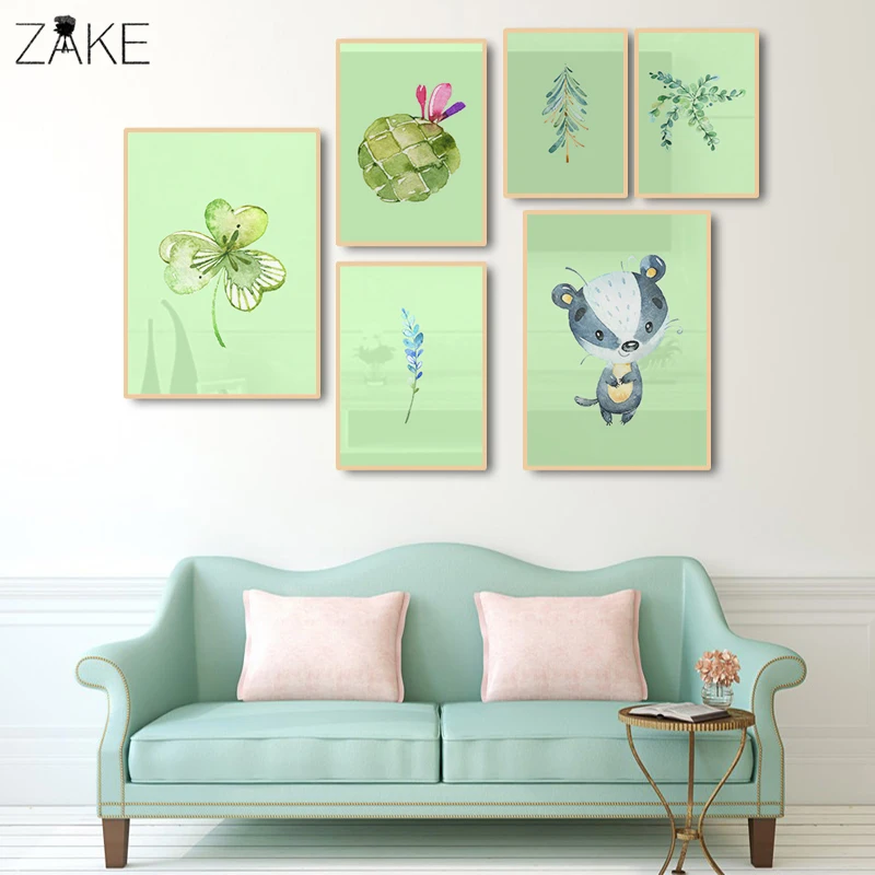

Watercolor Green Leaves Poster Kinderkamer Wall Art Nursery Koala Canvas Prints Painting Wall Picture for Baby Bedroom Decor