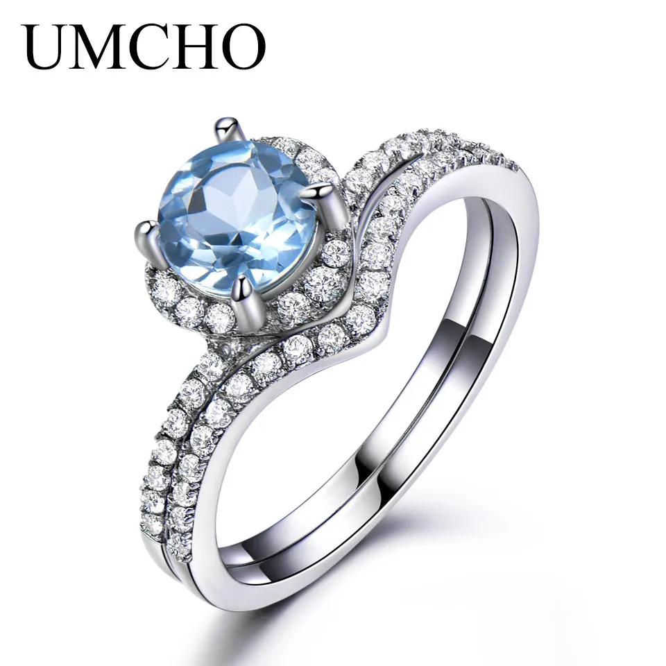 

UMCHO 1ct Genuine Natural Sky Blue Topaz 925 Sterling Silver Double Ring Gemstone Engagement Ring For Women Valentine's Day Gift