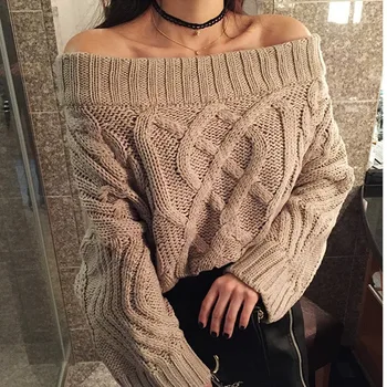 

2019 Sweater Women Autumn Off shoulder knitted elegant batwing sleeve jumper pull femme Winter casual loose pullover z15