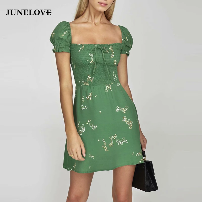 

JuneLove Women Short Sleeve Sexy Mini Dress Vinage Print Floral Female Square Collar Dress Casual Elastic Lady A-Line Dress