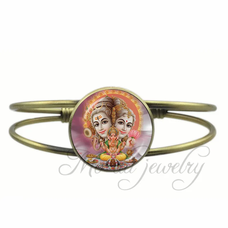 

Vintage Indian Lord Shiva Open Cuff Bangle Geneisha Bracelet Hindu Jewelry Antique Bronze Glass Dome Art Bangles Jewellery