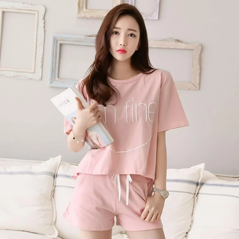 

Summer2019 women pajamas set pink round neck letter short-sleeved t-shirt shorts 2pcs casual sports suit pyjama femme lounge set