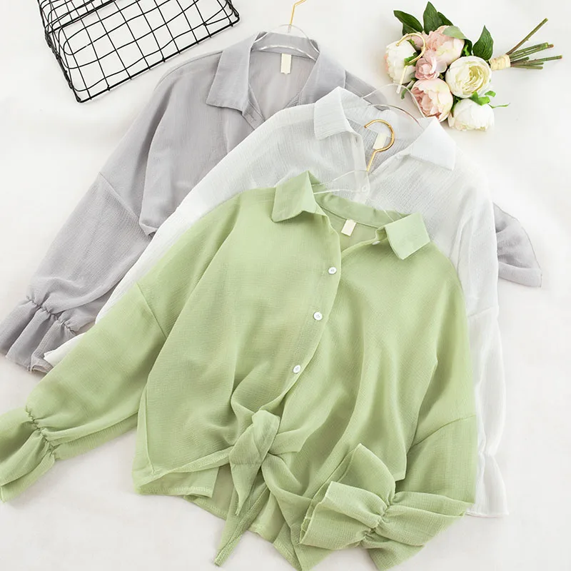 

solid all match chiffon women blouse and shirts sun-proof v-neck see through lantern sleeved office lady elegant shirts tops