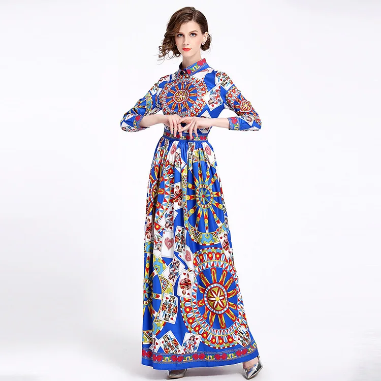 

2018 Spring New Vintage Printing Women Dresses Royal Palace Party Dress Fashion Female Long Sleeve Retro Maxi Dress