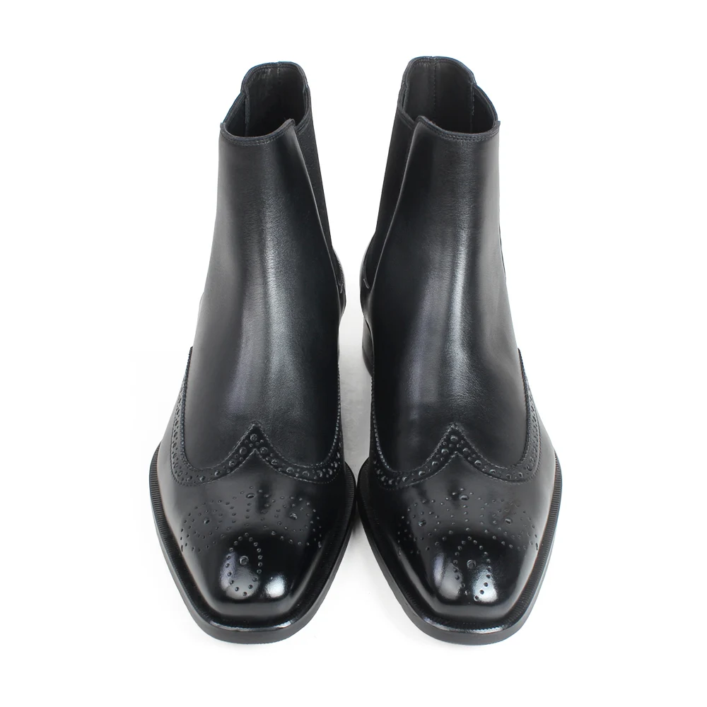 Fait Vikeduo Botas Hommes Chelsea Black Brogue Plat Sur Bottines Mesure Cuir Patine En Vache Véritable Pour Noir Peau Hiver De Plein TiPkXuOZ