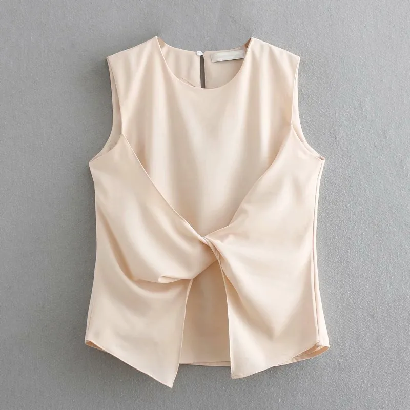 

2019 New Women Fashion Solid Color Knotted Casual Blouse Shirts Women O Neck Sleeveless Blusas Chic Chemise Tops