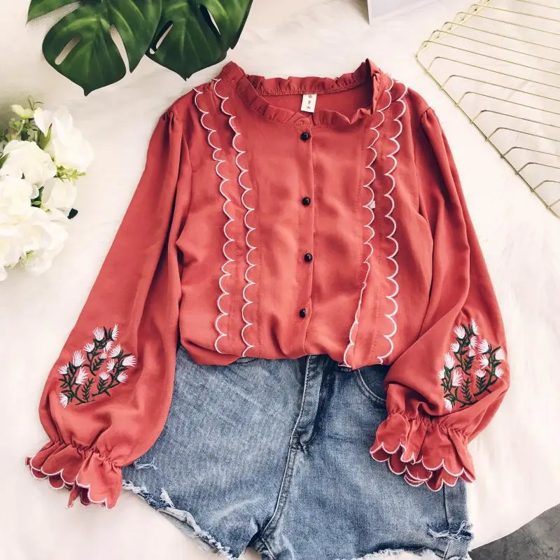 Autumn Women Blending Graceful Wave Ruched Long Lantern Sleeve Embroidery Cardigan Blouse Shirt Ladies Urban Sweet Ruffles Suits