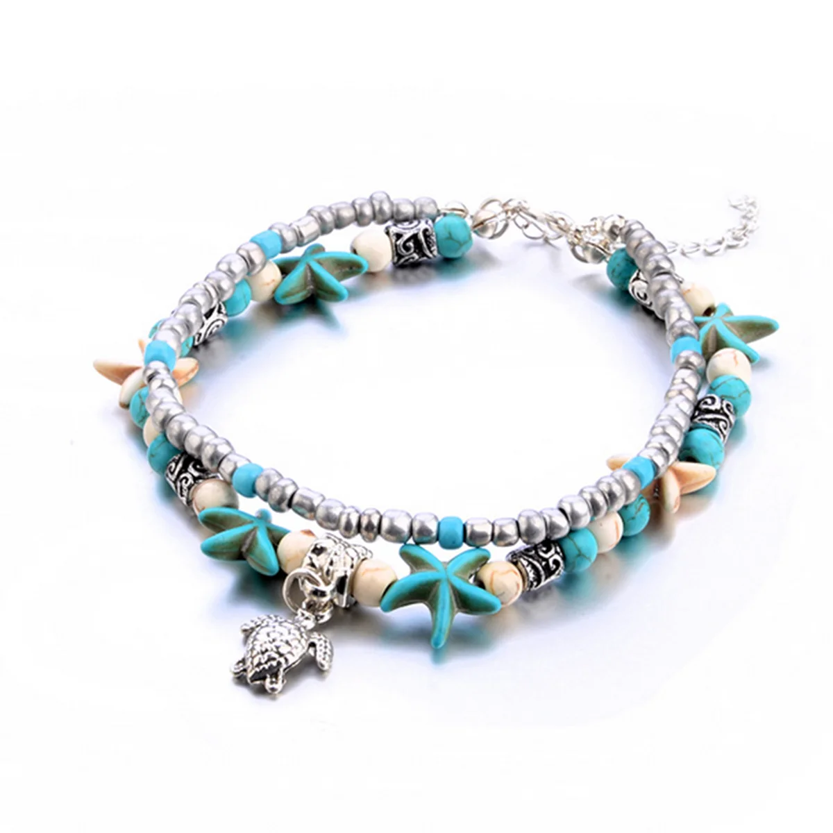 Retro Ethnic Style Sliver Plated Ankle Bracelet Starfish Beads Sea Turtle Anklet Vintage Charms Jewelry Birthday Gifts For Women