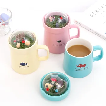 

400ml Creative Ceramic Milk Cup With Landscape Cover Lid Color Desk Decoration White Porcelain Handgrip Coffee&Tea Mug Elephant