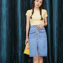 Новинка, летняя женская Облегающая джинсовая юбка, для девушек, с разрезом, подходит ко всему, однобортная длинная сумка, облегающая бедра юбка, одежда