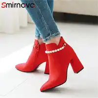 Smirnova TOP fashion woman boots 2020 autumn winter ladies flock boots classic red zipper ankle boots large size 32-43 shoes