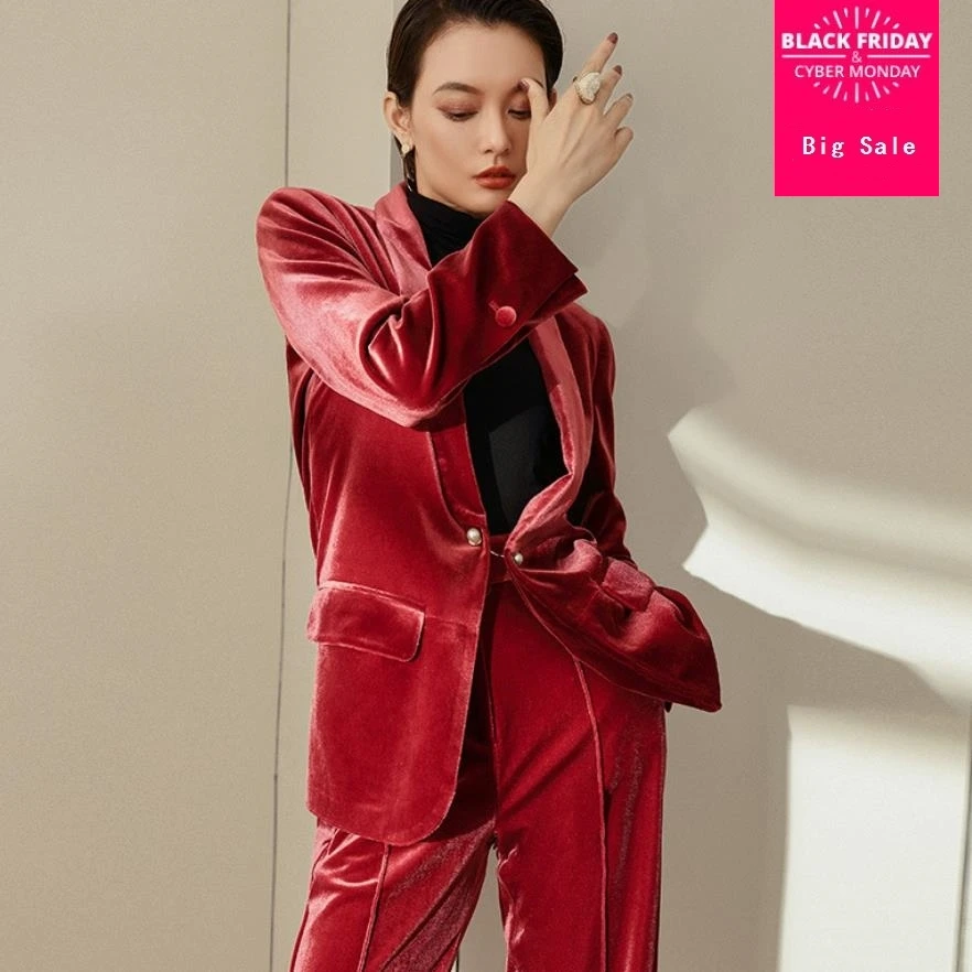 Gold velvet 2 pieces sets blazers suits female fashion vintage style blazers + pants sets 2018 autumn new pant suits gx1360