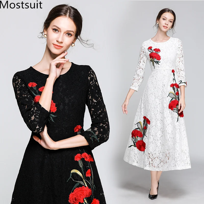 

High Quality Lace Long Maxi Dress Women Floral Embroidery Sexy Vintage Elegant Pleated Dresses Vestidos Black White 2019 Spring