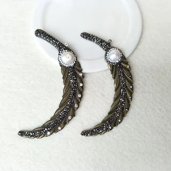 

5 pcs Brass Feather with natural pearl Pendant,Paved rhinestone crystal Zircons charm,Jewelry DIY necklace making PD577
