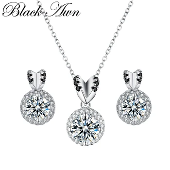 

[BLACK AWN] Trendy 925 Sterling Silver Black Spinel Necklace Pendant Earrings Set for Women Silver 925 Jewelry Sets Z009