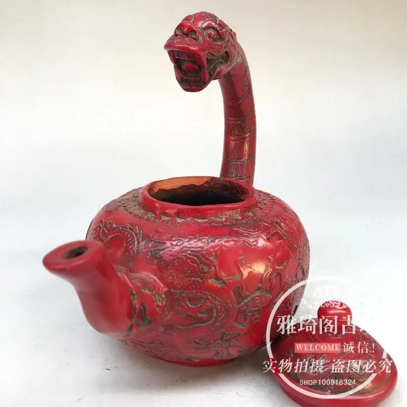 China Rare Collectibles Old Decorated Handwork REd Coral Carving Lucky Teapot 