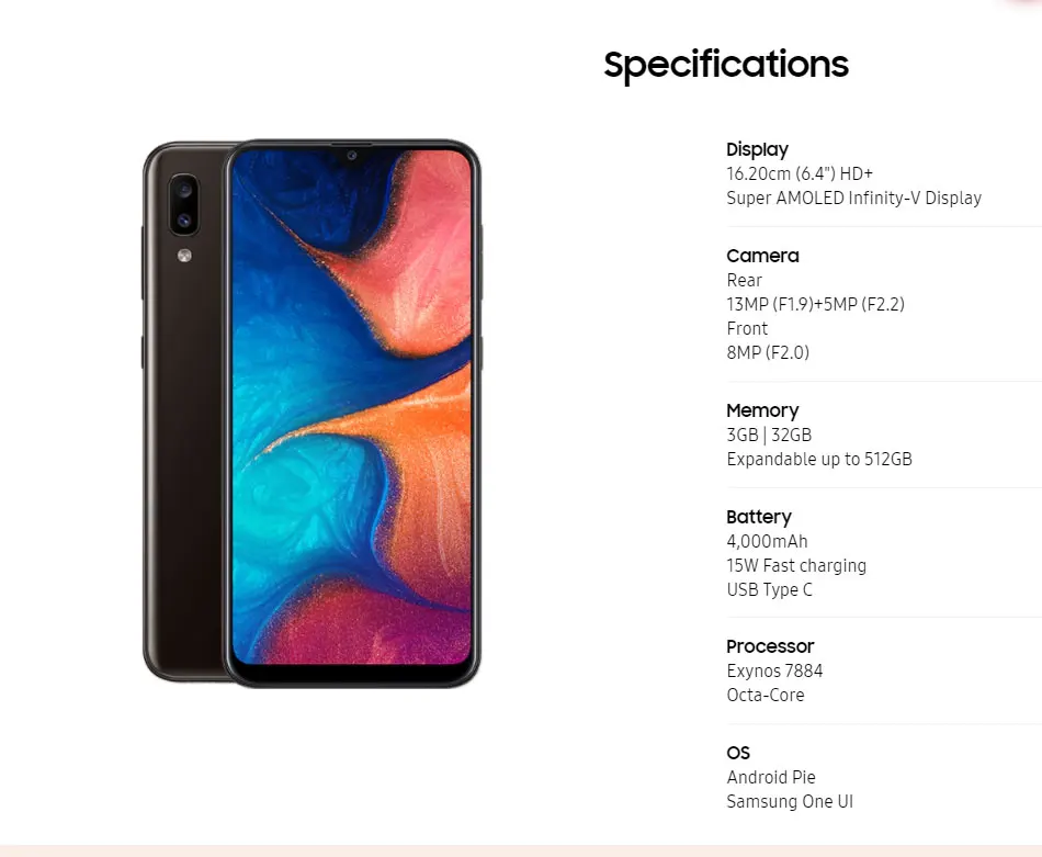 Мобильный телефон samsung Galaxy A20 A205F-DS 6," 3 ГБ ОЗУ 32 Гб ПЗУ Exynos 7884 OctaCore 13 МП+ 5 Мп задняя камера с двумя sim-картами