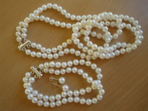 

2 row natural 8-9 mm south white pearl necklace bracelet earrings set
