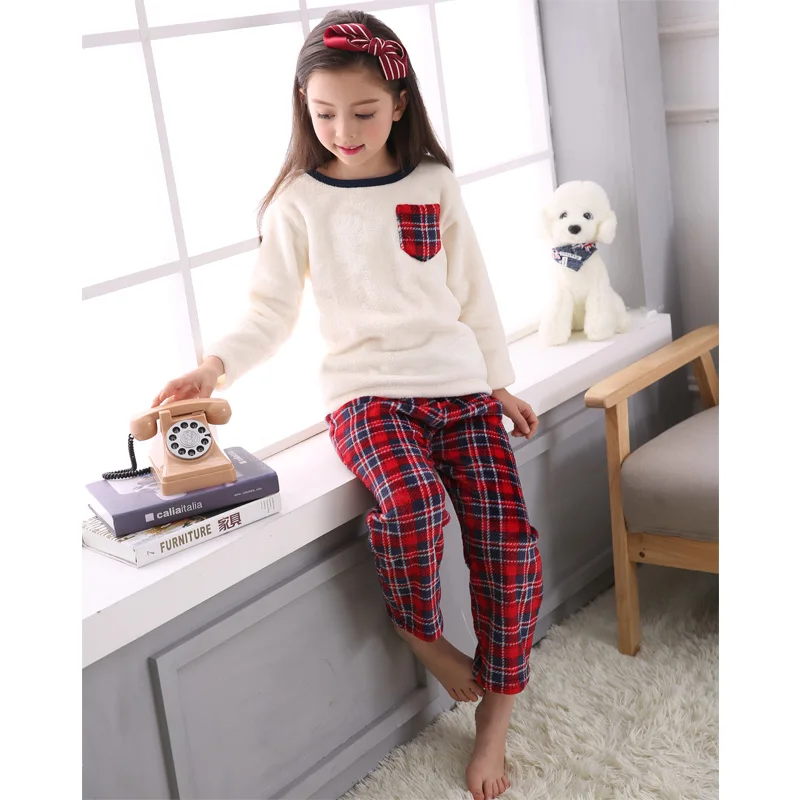 Children Flannel Pajamas Winter Warm Coral Fleece Nighties Classical Plaid Sleepwear Pajama Set