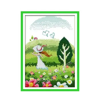 

Spring beautiful scenery 11CT 14CT cross stitch kit, running little girl needlework diy handmade wall decoration embroidery