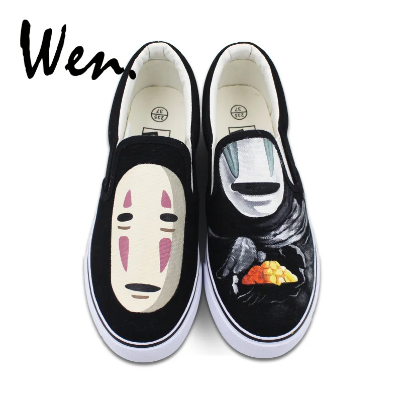 Wen Hand Painted Shoes Men Casual Flat Spirited Away No Face Man Graffiti Painting Slip on Canvas Sneakers Black Low Top | Обувь