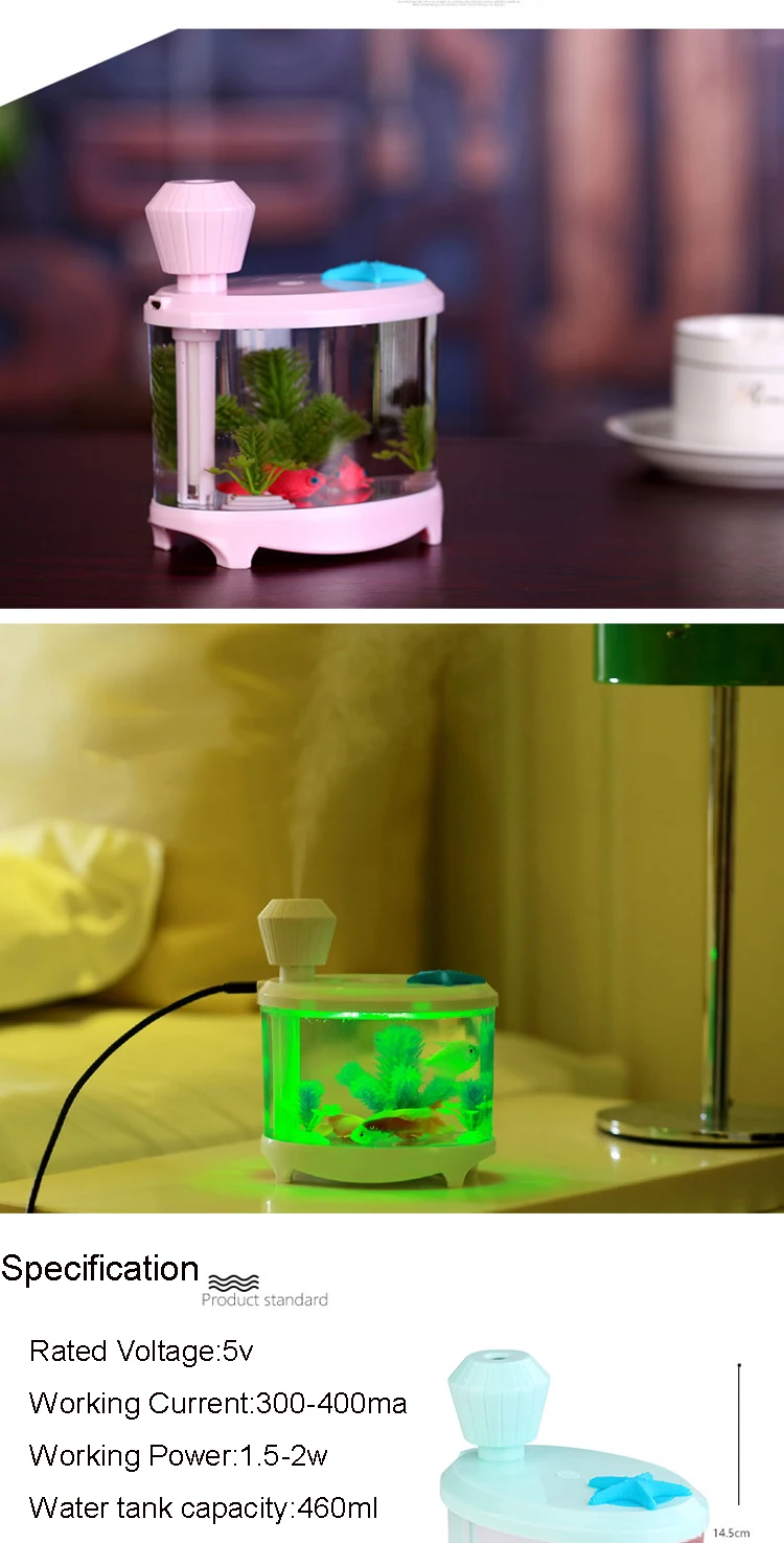 460 мл USB увлажнитель воздуха с светодиодный ночной Светильник для аквариумов для рыб, увлажнитель, работающий от источика распылитель лучший подарок 4 цвета