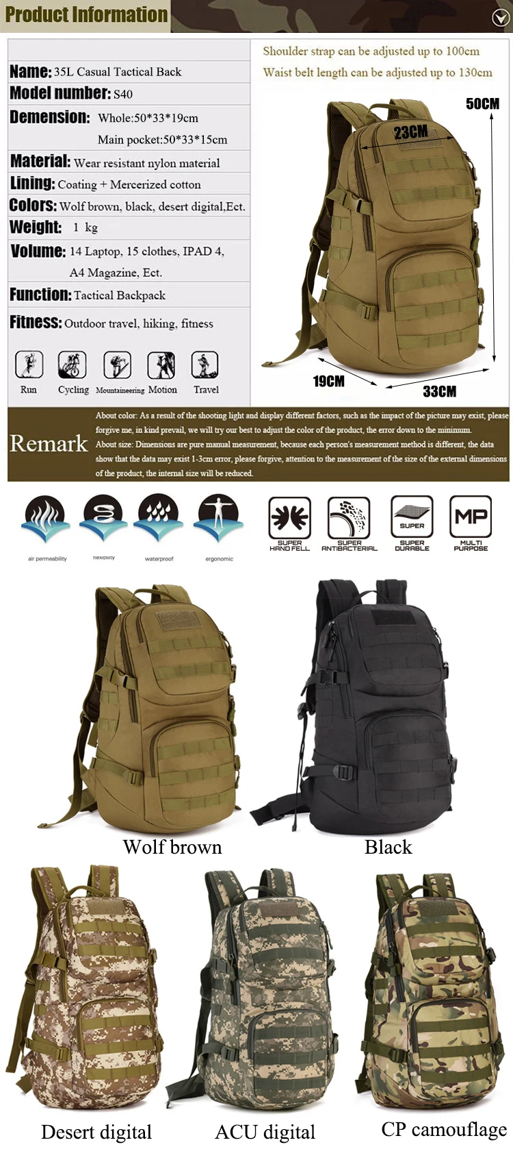 Hot 35L Molle High capacity Waterproof Nylon Tactical Backpack Assault Military Rucksacks Backpack Camping Hunting Sports Bag