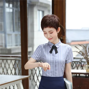 

Plus Size Fashion Striped Formal Blouses & Shirts For Women Business Work Wear With Tie Female Clothes Blouse Uniform Styles