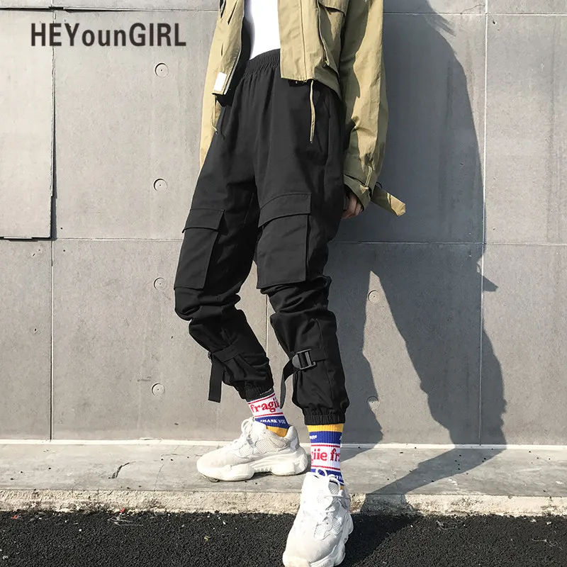 HEYounGIRL Black Hip Hop Cargo Pants Women Harajuku Punk Casual Pants Capris Elastic High Waist Trousers Female Sweatpants HEYounGIRL Black Hip Hop Cargo Pants Women Harajuku Punk Casual Pants Capris Elastic High Waist Trousers Female Sweatpants