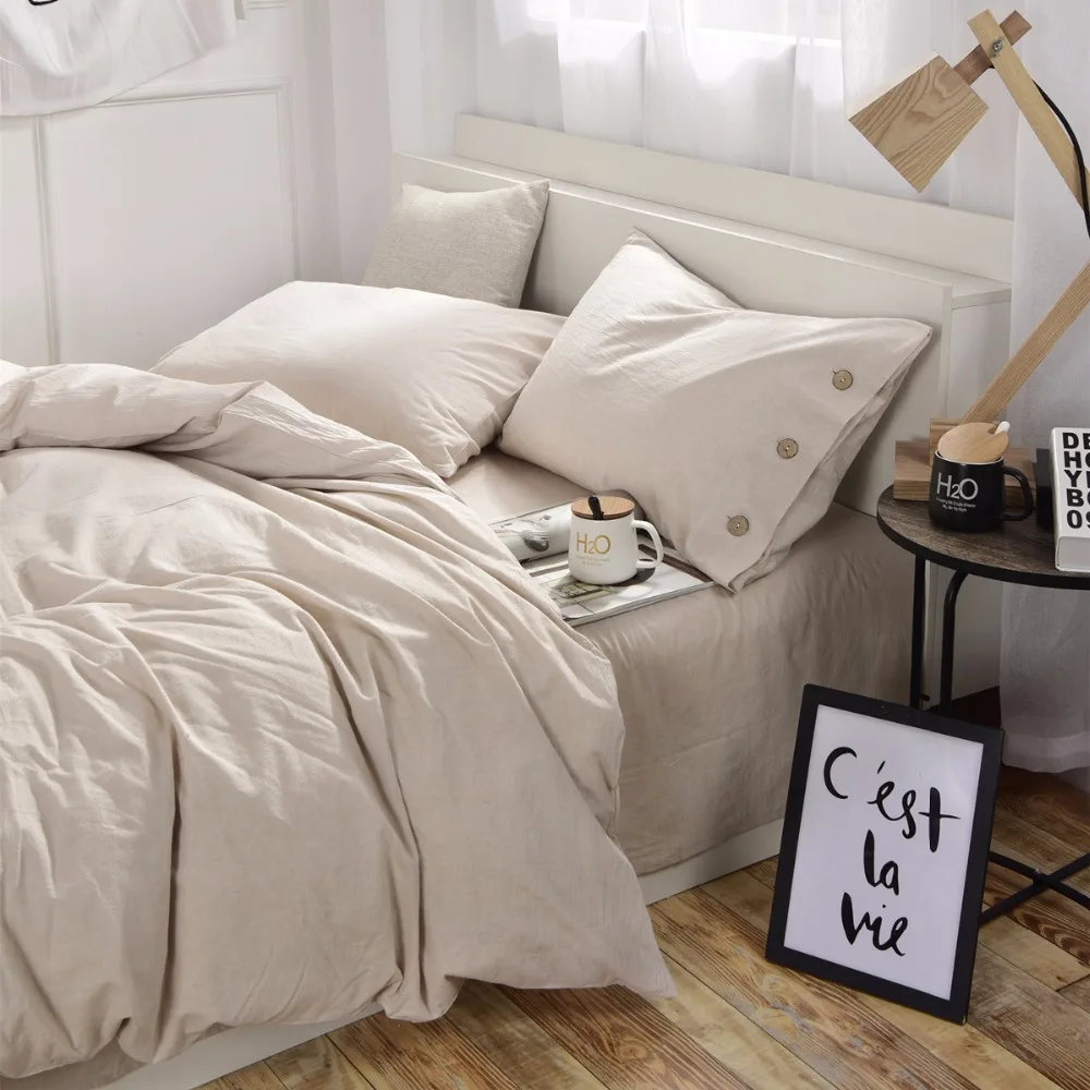 New Pastoral Solid Cotton Flax Linen Bedding Sets Button Decoration Bed