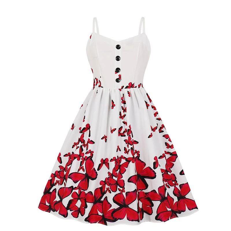 Sweet Heart Lip Print Strap Dresses Sexy Casual Vintage 50s 60s Pin Up Dress For Women Elegant A