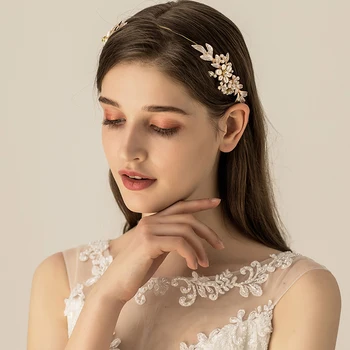 

Jonnafe Women Freshwater Pearls Hair Crown Bridal Leaf Tiara Handmade Gold Wedding Hair Piece Accessories