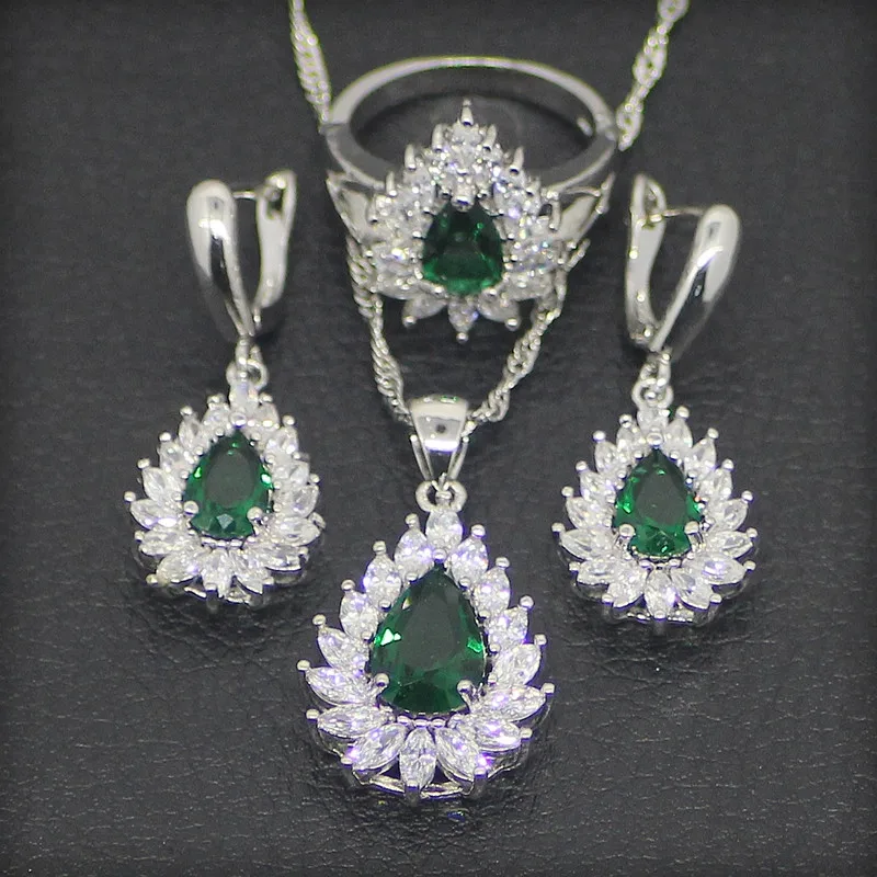 Classic Green Stones White Australian Crystal 925 Sterling Silver