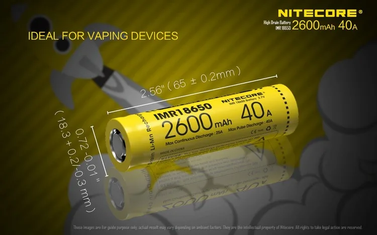 NITECORE power IMR18650 2600mAh 40A 3,7 V литий-ионная защищенная аккумуляторная батарея с высокой прочностью для Vaping устройств 2 шт. с плоским верхом