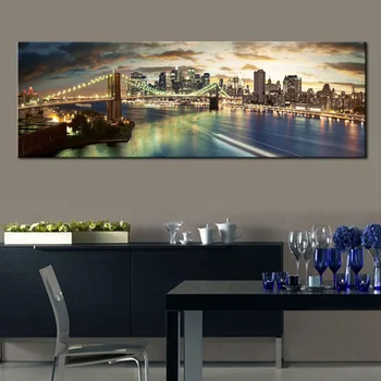 

HD Print long Manhattan New York Poster Brooklyn Bridge skyline Night Canvas Painting Cityscape Pictures for Bedroom Livingroom