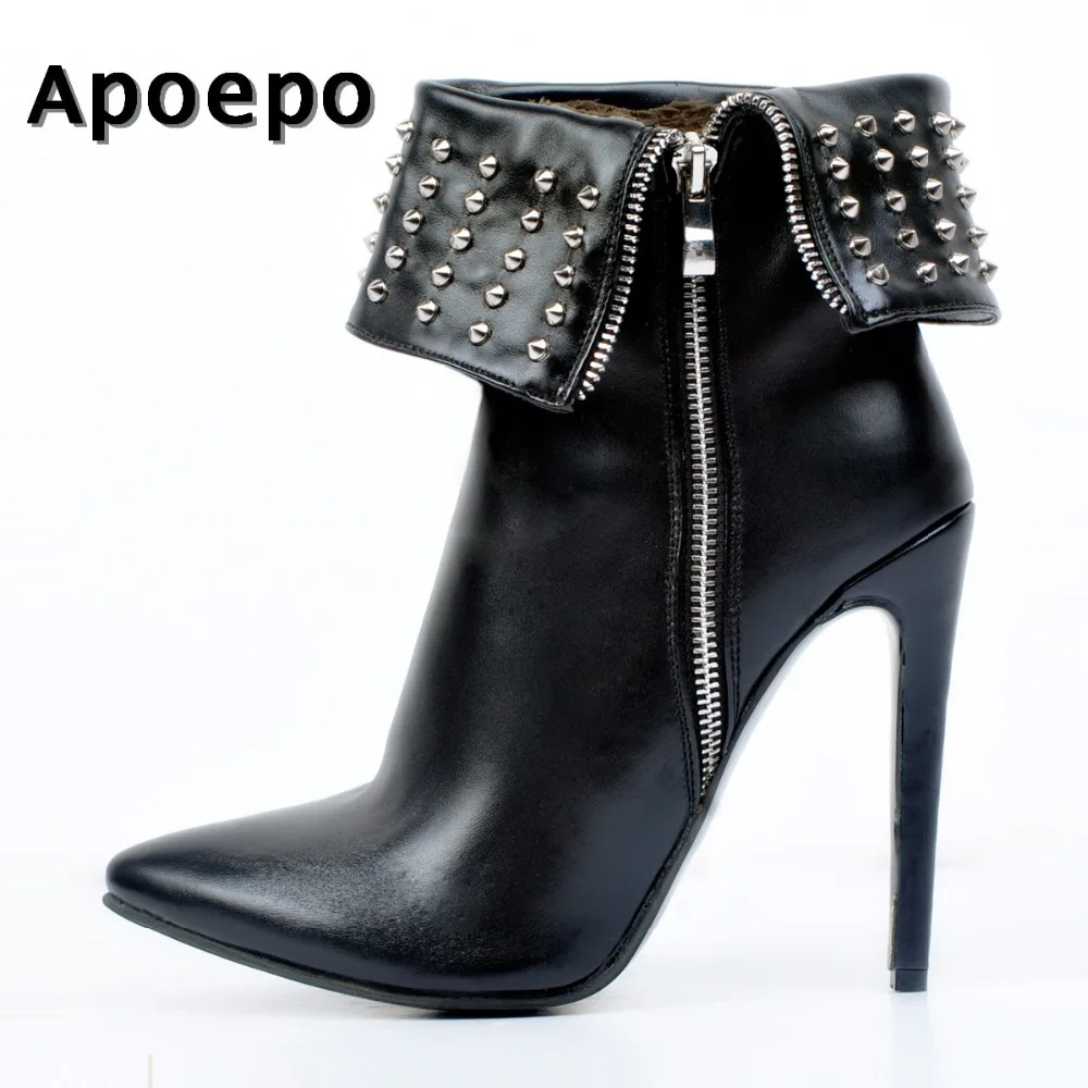 

New Fashion Pointed Toe High Heel Boots 2018 Rivets Studded Ankle Boots For Woman Big Size 42 Thin Heels Riding Boots