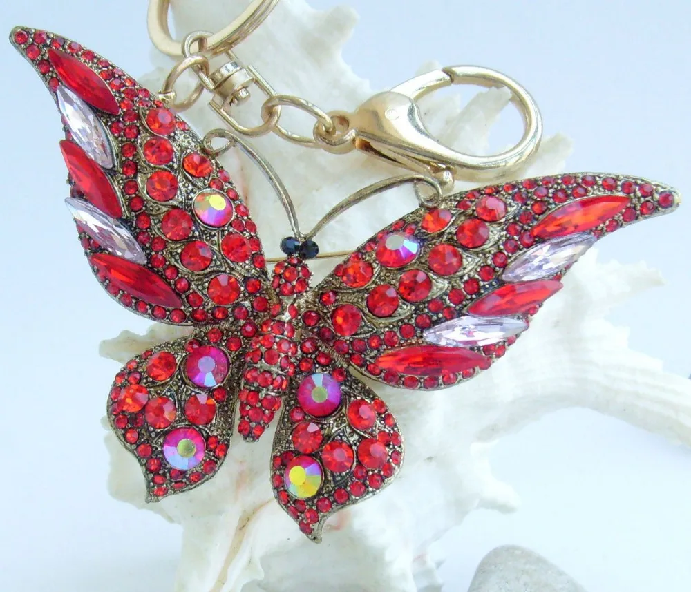 Charming Butterfly Keychain Pendant Red Rhinestone Crystal K04538C14in