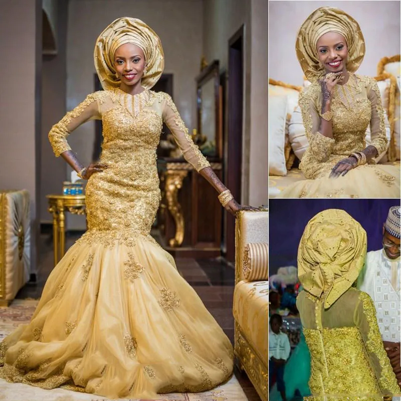 Золото Африканский Vestido de noiva традиционное свадебное платье с юбкой-годе Роскошные бисерные аппликации 3/4 рукава Свадебное платье элегантное