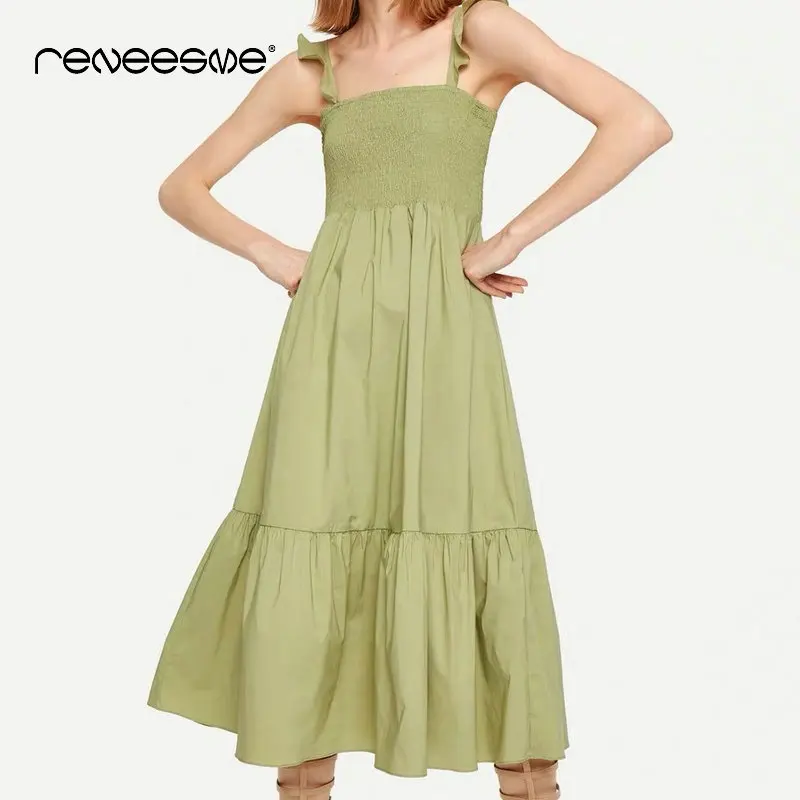 

fashion women dress new summer sleeveless A line spaghetti strap casual ladies dresses mid-calf solid green pleated vestidos