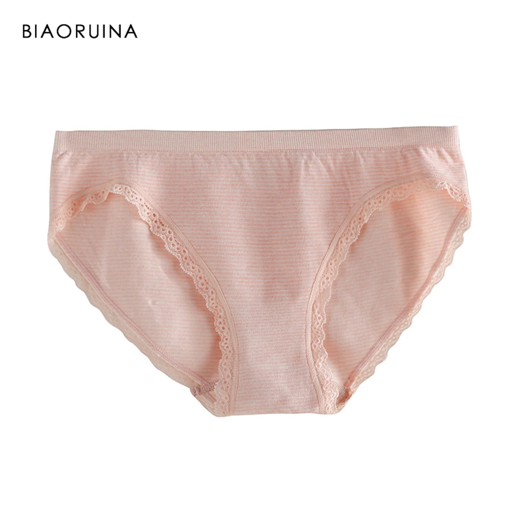 

BIAORUINA 3 Pieces Women Striped Mid-rise Casual Briefs Lace Patchwork Sexy Female Modal Panties Seamless Comfortable Underwear