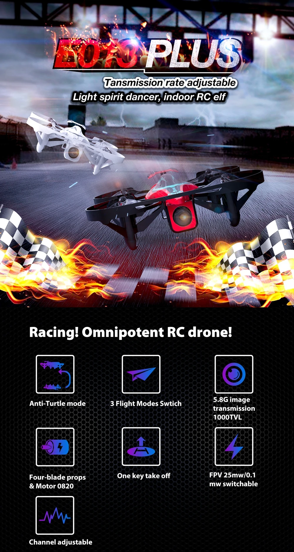 Eachine E013 Plus микро FPV гоночный Дрон анти-черепаха режим с 5,8G 48CH 1000TVL камера VR006 очки