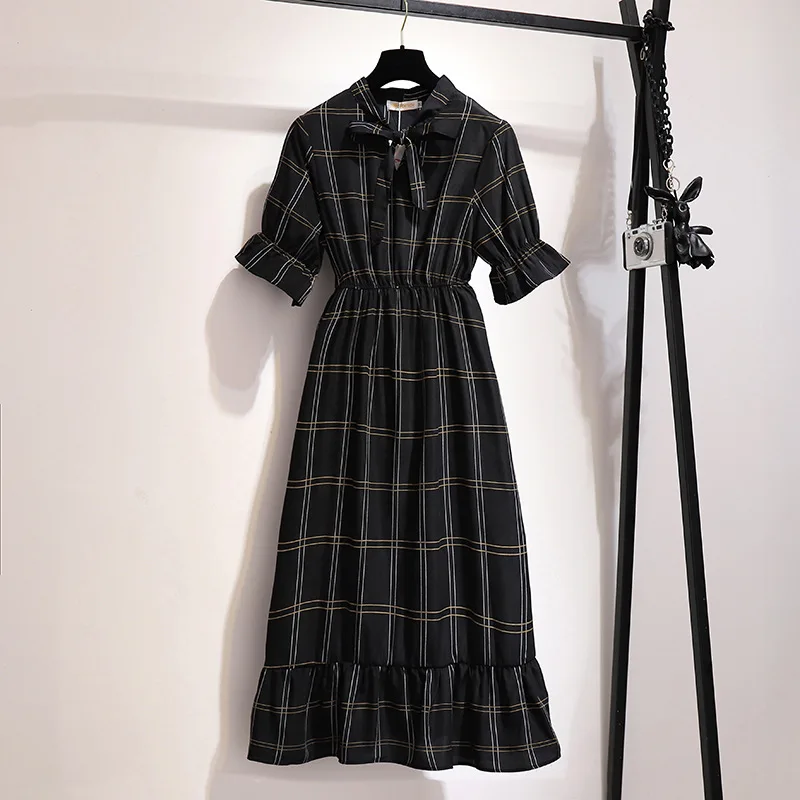 

2XL-6XL Summer Women Plaid Dress 2019 Plus Size Retro Long Dresss Casual Elastic Waist Large size Female 5XL Ruffled Loose Dress