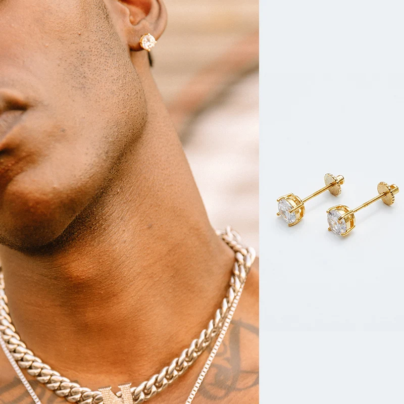 

Gold Color Earings Fashion Round Screw back Cubic Zirconia Stud Earrings For Women 2019 Hip hop Cuban Gothic Brand Exclusive Men