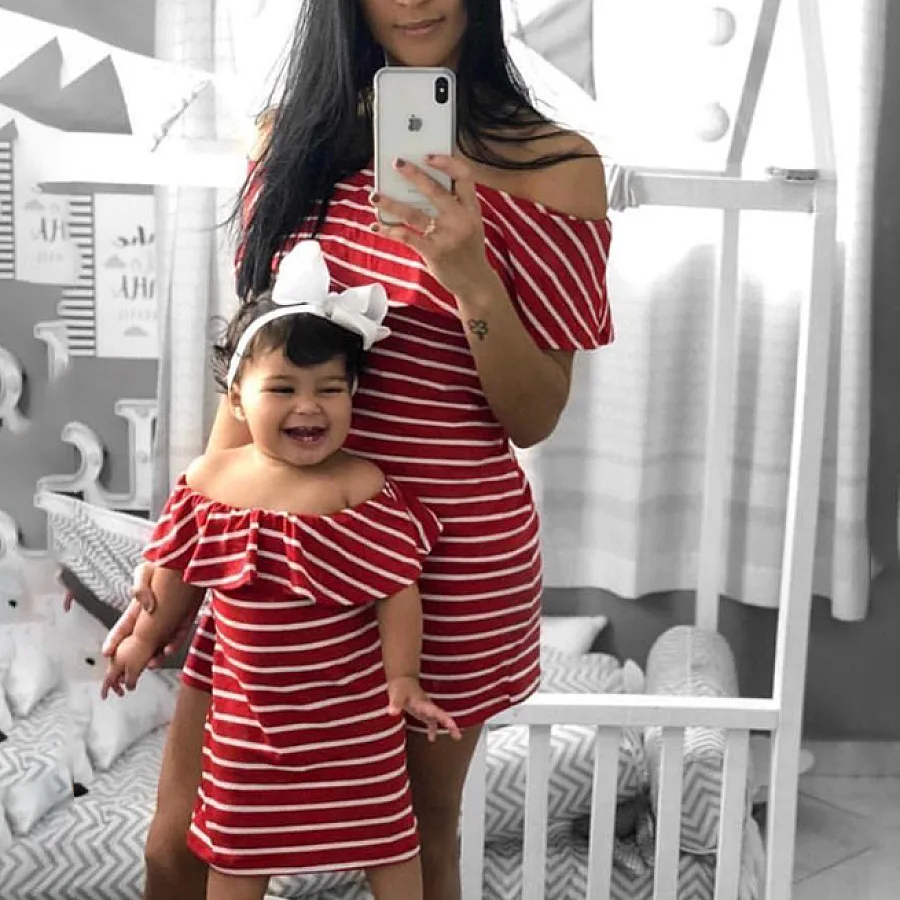 Striped Mother Baby Dress Family Matching and Daughter Clothes Tassel Off Shoulder for Mom Tee | Мать и ребенок