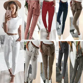 

2019 New Women Fashion High Waist Drawstring Elastic Long Pants Stripped Pencil Trousers Hot Sell