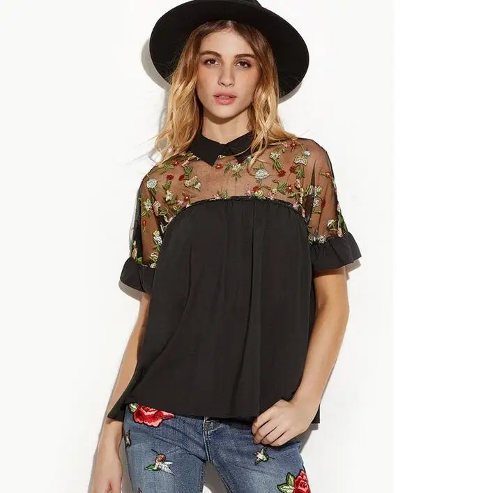 

2017 Summer New Women Short Sleeve Lace Floral Embroidery Black Tops Shirts Ruffle Cuff Tie Back Flower Blouses Shirts