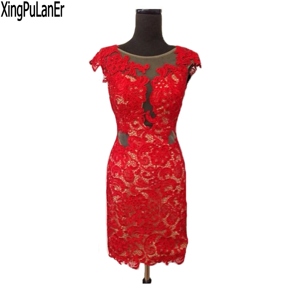 Весна настоящий образец Красного кружева с открытой спиной, пикантный женский вечерние специальные праздничные платья с коротким рукавом вечернее платье - Цвет: Красный