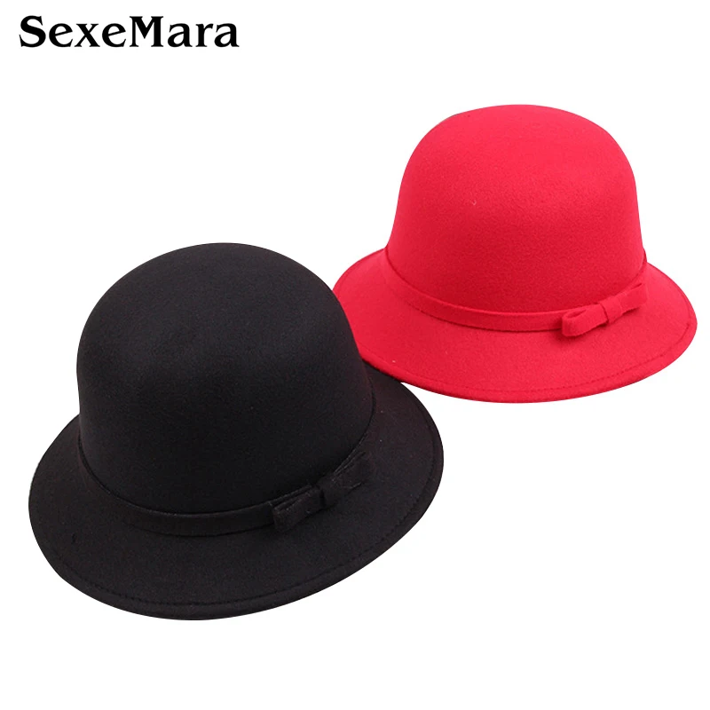 New Solid Fedoras For Girls Kids Beanie Hats With Bow Cute Children