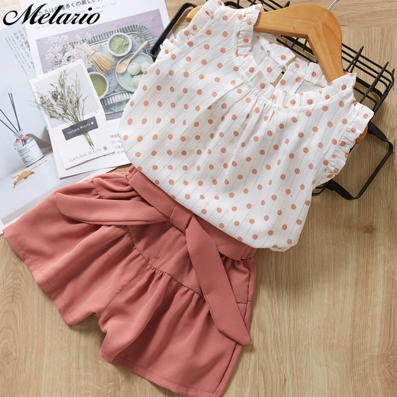 Повседневные комплекты одежды с милым узором в горошек для девочек, футболка без рукавов и шорты комплекты из 2 предметов одежда для маленьких девочек